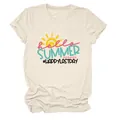 Close-up detail of cream cotton t-shirt featuring the Hello Summer graphic print - S / Tops / Sand (Black Letter Color Graphic)
