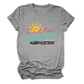 Close-up of grey women's T-shirt with colorful Hello Summer and sun print - S / Tops / Dark Grey (Black Letters)