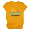Close-up detail of mustard yellow t-shirt featuring Hello Summer sun graphic print - S / Tops / Mustard Yellow (Black Letters)