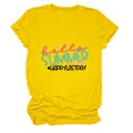 Close-up detail of the Hello Summer graphic print on a bright yellow women's cotton T-shirt - S / Tops / Yellow (Black Letter Color Graphic)