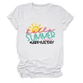 Detailed view of Hello Summer and Happy Last Day graphic print on white women's t-shirt - S / Tops / White (Black Letter Color Graphic)