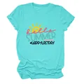 Close-up of Hello Summer print on turquoise women's crew neck t-shirt - S / Tops / Deep Water Blue (Black Letters)