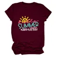 Detail of women's burgundy T-shirt with Hello Summer and Happy Last Day graphic print - S / Tops / Wine Red (White Letter Color Graphic)