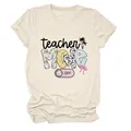 Close-up of creative 'Teacher Mode Off' graphic print on beige crew neck summer T-shirt - S / Tops / Sand