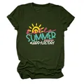Detail of the Hello Summer Happy Last Day sun print on olive green casual T-shirt - S / Tops / Army Green (White Letter Color Graphic)