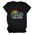 Women's casual black T-shirt featuring a colorful Hello Summer and Happy Last Day graphic print. - S / Tops / Black (White Letter Color Graphic Print)