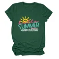 Detail of dark green women's short sleeve T-shirt with Hello Summer graphic print - S / Tops / Vintage Green (White Letter Color Graphic Print)