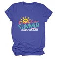 Detailed view of women's blue crew neck t-shirt with Hello Summer print - S / Tops / Vintage Blue (White Letters)
