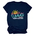 Detailed view of navy blue crew neck T-shirt featuring Hello Summer graphic print - S / Tops / Navy Blue (White Letters)