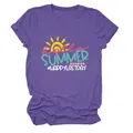 Detailed view of Hello Summer print on purple women's round neck cotton T-shirt - S / Tops / Purple (White Letters)