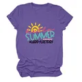 Close-up detail of purple T-shirt with 'Hello Summer' sun print and cotton texture - S / Tops / Purple (Black Lettering Color Graphic)