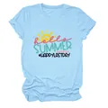 Detail view of light blue women's T-shirt with 'Hello Summer' graphic print and sun icon. - S / Tops / Light Blue (Black Lettering Color Graphic)