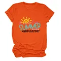Bright orange women's crew neck T-shirt featuring a vibrant 'Hello Summer' sun graphic design - S / Tops / Orange (Black Letters)