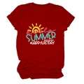 Macro view of Hello Summer sun graphic print on classic red round neck women's T-shirt - S / Tops / Red (White Letter Color Graphic Print)