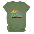 Detail of olive green T-shirt featuring vibrant 'Hello Summer' graphic print. - S / Tops / Olive Green (Black Letter Color Graphic)