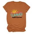 Casual rust orange women's T-shirt featuring 'Hello Summer' print on white background. - S / Tops / Burnt Orange (Black Text)