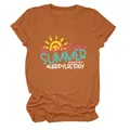 Detailed view of women's rust orange t-shirt with Hello Summer sun graphic print - S / Tops / Burnt Orange (White Text)