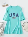 Detailed view of casual women's mint green oversized t-shirt featuring USA flag print - S / Tops / Deep Water Blue