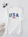 White oversized women's t-shirt with blue USA lettering and American flag print. - White