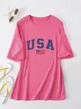 Pink oversized ladies T-shirt with navy blue USA text and American flag print - Rose Red