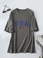 Detail view of dark grey oversized T-shirt with blue USA text and flag print - Dark Gray