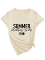 Detail view of the summer vacation mode slogan printed on a beige V-neck short sleeve T-shirt - S / Tops / Apricot