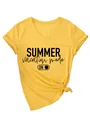 Detail of yellow V-neck T-shirt featuring a stylish knot and Summer Vacation Mode print - S / Tops / Yellow