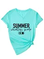 Detail view of summer vacation mode print on turquoise V-neck T-shirt - S / Tops / Deep Water Blue
