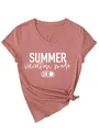 Close-up of women's V-neck T-shirt with 'Summer Vacation Mode' print and bottom knot - S / Tops / Dusty Rose