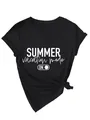 Women's black V-neck T-shirt featuring a white 'Summer Vacation Mode On' graphic print - S / Tops / Black