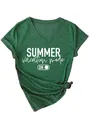 Detailed view of the dark green V-neck T-shirt with 'SUMMER vacation mode' print. - S / Tops / Vintage Green