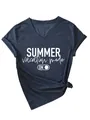 Close-up detail of the white Summer Vacation Mode graphic print on a navy V-neck t-shirt - S / Tops / Navy Blue