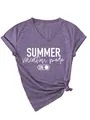 Close-up of purple V-neck T-shirt featuring 'Summer vacation mode' white print design - S / Tops / Purple