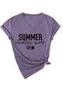 Close-up view of women's purple V-neck T-shirt with Summer Vacation Mode print design - S / Tops / Purple