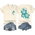 Cream V-neck T-shirt with palm tree and hibiscus floral beach print detail - S / Tops / Sand