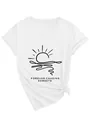 Detailed view of white V-neck T-shirt with Forever Chasing Sunsets graphic design. - S / Tops / White (Black Font)
