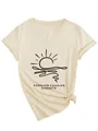 Close-up view of beige V-neck T-shirt with sunset graphic and stylish knotted detail - S / Tops / Sand (Black Font)