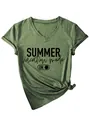 Women's green V-neck T-shirt featuring 'Summer Vacation Mode' print and stylish side knot. - S / Tops / Olive Green