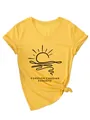 Detail of bright yellow V-neck T-shirt featuring 'Forever Chasing Sunsets' graphic. - S / Tops / Yellow (Black Font)