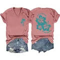 Detailed front and back view of dusty rose V-neck tee with tropical beach print - Rose Gold