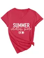 Casual red women's V-neck T-shirt featuring white Summer vacation mode on graphic print - S / Tops / Red