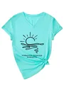 Detail of mint green V-neck T-shirt with sunset print and Forever Chasing Sunsets text. - S / Tops / Deep Water Blue (Black Font)