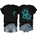 Detail of women's black V-neck t-shirt with beach hibiscus floral print on the back - Black