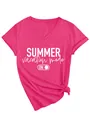 Detail view of pink V-neck T-shirt with Summer Vacation Mode ON graphic and side knot - S / Tops / Rose Red