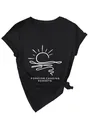 Close-up of black V-neck t-shirt with white sunset print and text detail - Black (White Font)