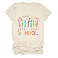 Detail van de Last Day of School print op een crème T-shirt met ronde hals - S / Tops / Zandkleur