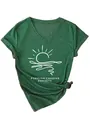 Close-up detail of green V-neck t-shirt with Forever Chasing Sunsets graphic print - Vintage Green (White Font)