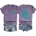 Casual purple V-neck T-shirt for women with teal hibiscus print and beach quote detail - Purple