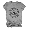 Detail view of women's grey cotton t-shirt with WHAT HAPPENS AT THE LAKE graphic - S / Tops / Dark Grey (Black Font)
