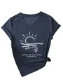 Close-up of Forever Chasing Sunsets graphic design on navy blue V-neck short sleeve T-shirt - Navy Blue (White Font)